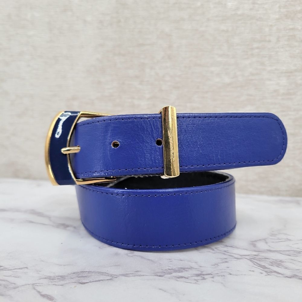 St. John Vintage 80s Blue Belt with Gold Toned Buckle Women's Vtg Size 8